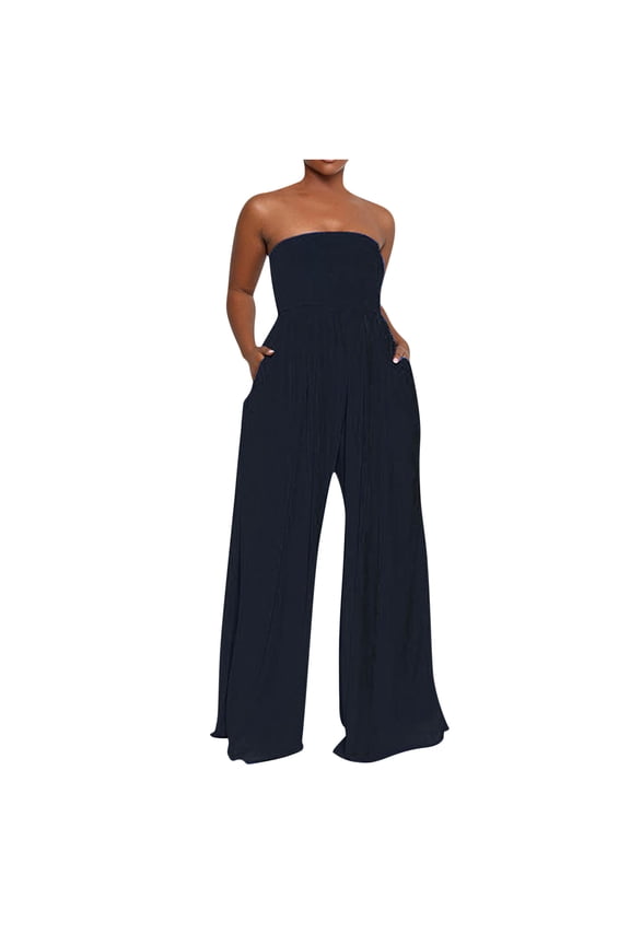 Womens Strapless Tube Top Jumpsuit Wide Leg Ruched Bust with Pockets Size S-XXL