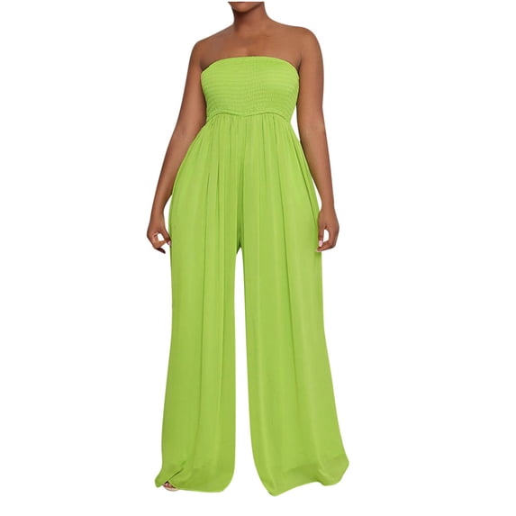 Yuanlook Womens Strapless Tube Top Jumpsuit Wide Leg Ruched Bust with Pockets Size S-XXL