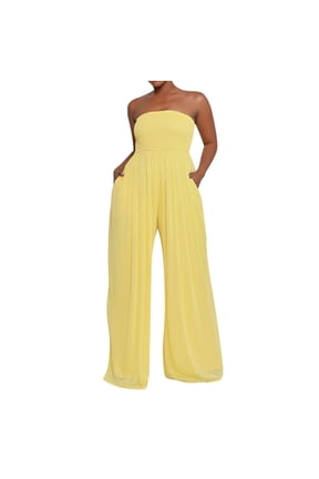 Womens Strapless Tube Top Jumpsuit Wide Leg Ruched Bust with Pockets Size S-XXL