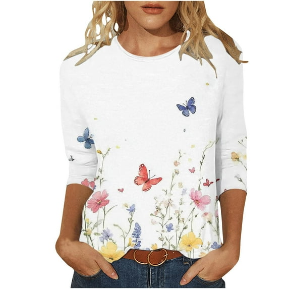 Yuanlook Womens T Shirt Fall Tops 3/4 Sleeve Fashion Clothes Spring Beach Vacation Trendy - White - M