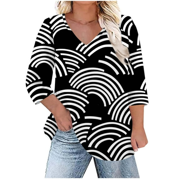 Yuanlook Womens T-shirts 3/4 Length Sleeve,V Neck Shirts Dressy Casual Solid Basic Tees Tops for Spring Summer - Black - XXXXL