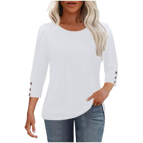 Yuanlook Womens Tops 3/4 Length Sleeve Casual Tees Loose Fit Crewneck T Shirts Cute Tunic Tops - White - S