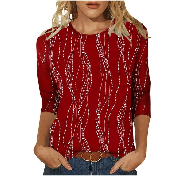 Yuanlook Womens Tops 3/4 Length Sleeve Crewneck Shirts Summer Fall Blouses - Red - XXXL