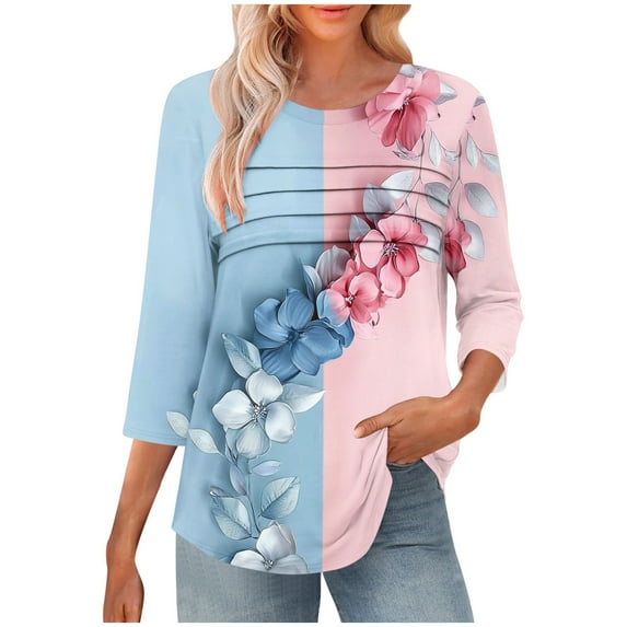 Yuanlook Womens Tops 3/4 Length Sleeve Round Neck Shirts Casual Basic Tees Business Work Blouses - Pink - S