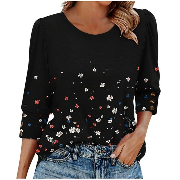 Yuanlook Womens Tops 3/4 Sleeve Dressy Shirts Casual Crew Neck Tees Fasion Trendy Summer Fall Blouses - Black - S