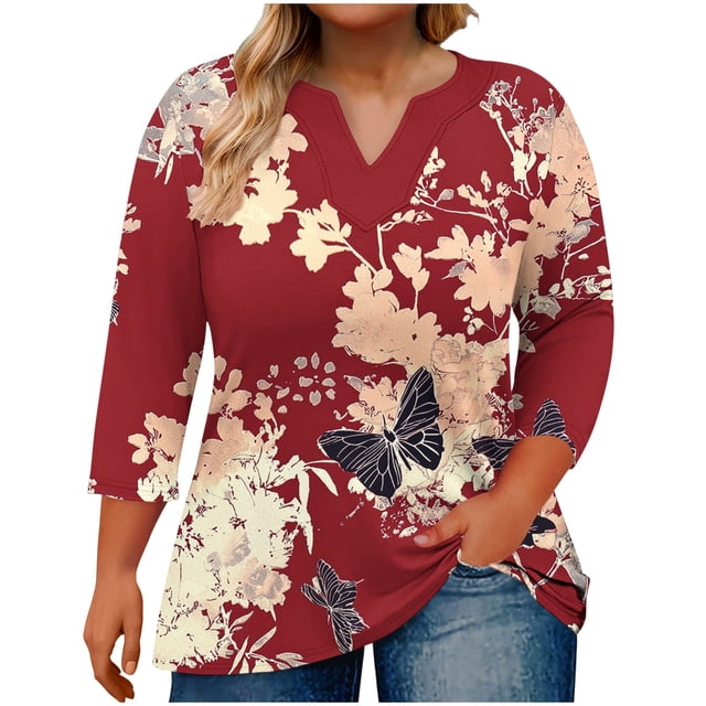 Yuanlook Womens Tops 3/4 Sleeve V Neck T-shirts Business Casual Outfit Basic Tees Summer Top - Red - XL