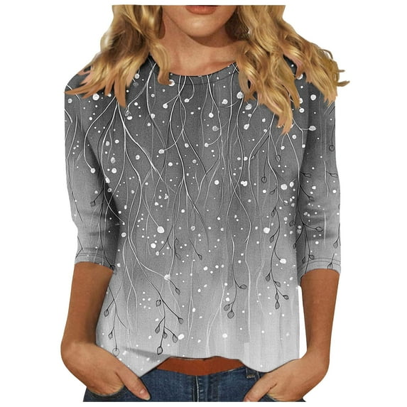 Yuanlook Womens Tunic Tops Short 3/4 Length Sleeve Shirts Fashion Crew Neck Outfits Clothes - Dark Gray - L