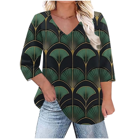 Yuanlook Womens V Neck Tops,3/4 Sleeve Dressy Casual T-Shirts Business Tunic Tees Loose Comfy Shirts - Green - XXL