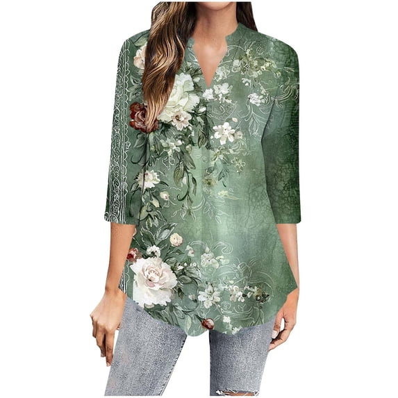 Yuanlook Womens V Neck Tops,3/4 Sleeve V-Neck Dressy Casual T-Shirts Tunic Blouses Half Sleeve Fall Tee - Army Green - XXL