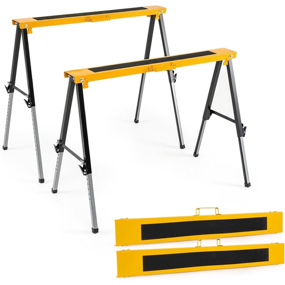 Yuanmin 2 Pack Folding Saw Horses, Heavy Duty Metal Sawhorse (Yellow) | 12 Adjustable Leg Heights, Carry Handles, Portable Work Horses for Woodworking, Carpenters and Contractors, Fully Assemble