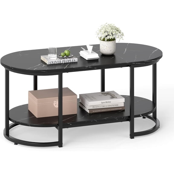 Yuanmin 2-Tier Coffee Table, Oval Center Table with Faux Marble Top & Open Storage Shelf, Modern Accent Table with Heavy Duty Metal Frame, Cocktail Table for Living Room Reception (Black Marble)