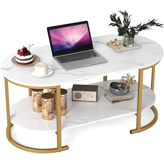 Yuanmin 2-Tier Coffee Table, Oval Center Table with Faux Marble Top & Open Storage Shelf, Modern Accent Table with Heavy Duty Metal Frame, Oval Coffee Tables for Living Room, White and Gold