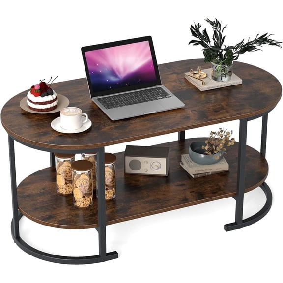 Yuanmin 2-Tier Coffee Table, Oval Center Table with Wood Grain Top & Open Storage Shelf, Modern Accent Table with Heavy Duty Metal Frame, Cocktail Table for Living Room Reception (Rustic Brown)
