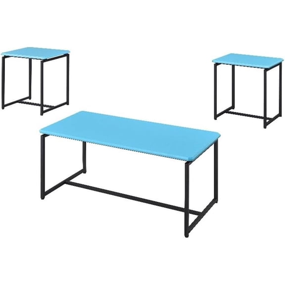 Yuanmin 3-Piece Coffee Table Set with Carbon Fiber Wrapped Top and Metal Frame, Includes 1 Rectangular Coffee Table and 2 End Tables for Living Room, Blue