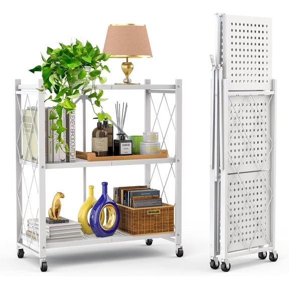 Yuanmin 3-Tier Foldable Storage Shelf With Wheels, Metal Collapsible Rolling Cart,White