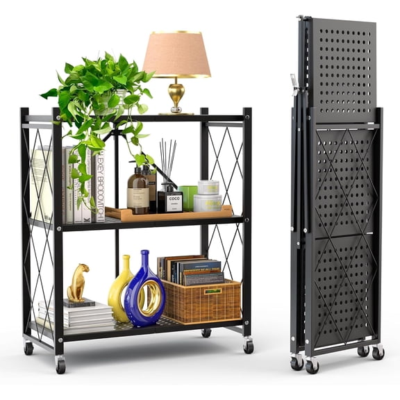 Yuanmin 3-Tier Foldable Storage Shelf Rolling Cart Collapsible with Wheels Metal Rack for Kitchen Pantry Office,Black