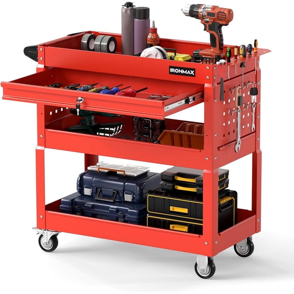 Yuanmin 3 Tier Rolling Tool Cart with Lockable Drawer, Heavy Duty Metal Utility Cart on Wheels with Pegboards & Hooks, Mechanic Tool Storage Organizer for Garage, Warehouse & Workshop (Red)