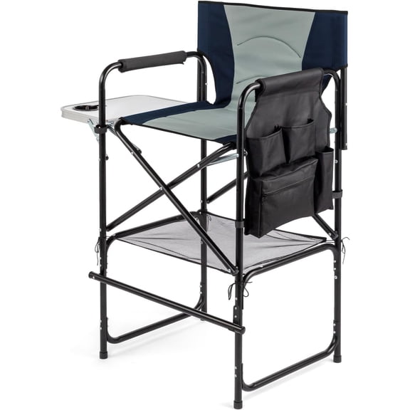 Yuanmin 31" Extra Tall Director Chair w/Side Table, Heavy-Duty Steel Frame Portable Folding Bar Stool w/Storage Pockets, for Makeup Artist, Salon, Studio, Camping, 300 lbs Capacity (Navy)