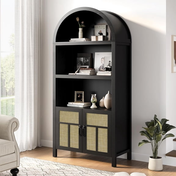 Yuanmin 71" Tall Arched Cabinet with Two Doors, Bohemia Rattan Bookcase with Adjustable Shelves, 4-Tier Mid-Century Display Shelf for Living Room, Kitchen, Home Office, Black