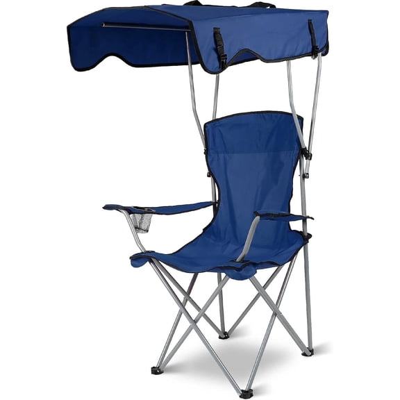 Yuanmin Camping Chair with Canopy, Outdoor Folding Lounge Chair with Adjustable UPF 50+ Sun Shade & Cup Holder, Portable Camping Recliner for Camp Beach Outdoor Sports, 350LB Max Support