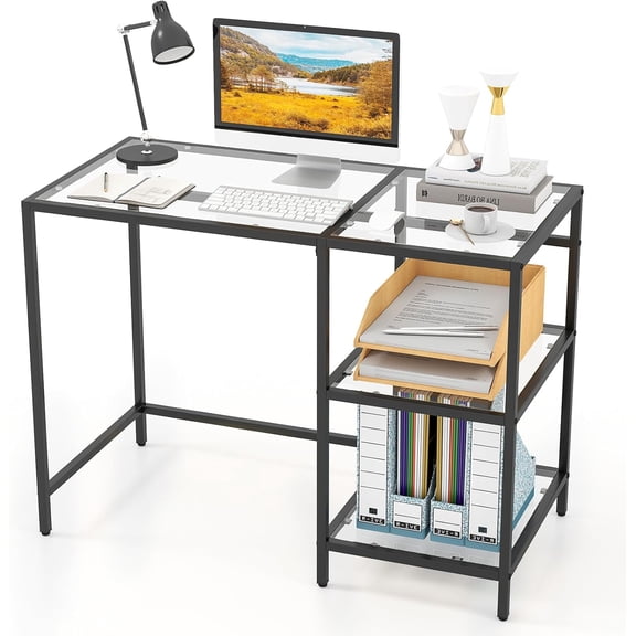 Yuanmin Computer Desk with Shelves, 42” Home Office Desk with Metal Frame, Tempered Glass Study Writing Table, Modern Simple PC Desk for Living Room Bedroom (Black)
