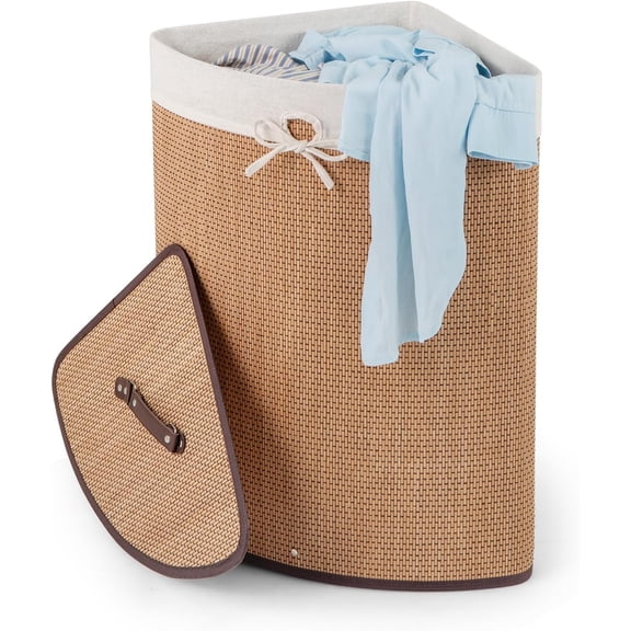 Yuanmin Corner Bamboo Laundry Hamper with Lid and Removable Liner, Washing Clothes Basket Storage Bin with Handle, Suitable for Bedroom, Bathroom, Laundry, Bamboo