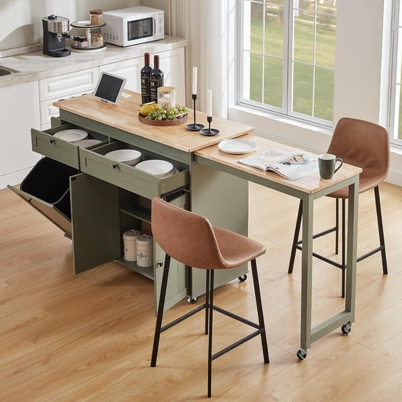 Yuanmin Kitchen Islands with Extendable Dining Table, 81.7" Mobile Kitchen Storage Islands, Rolling Kitchen Cart with Trash Cabinet, Power Outlet, Spice Rack & Towel Rack, Green