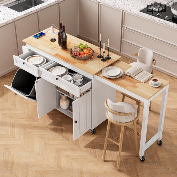Yuanmin Kitchen Islands with Extendable Dining Table, 81.7" Mobile Kitchen Storage Islands, Rolling Kitchen Cart with Trash Cabinet, Power Outlet, Spice Rack & Towel Rack, White