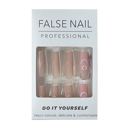 Yuanmo Long Square False Nail, Full Cover Press on Nail, Pink, Smiley Face, 24 Pieces