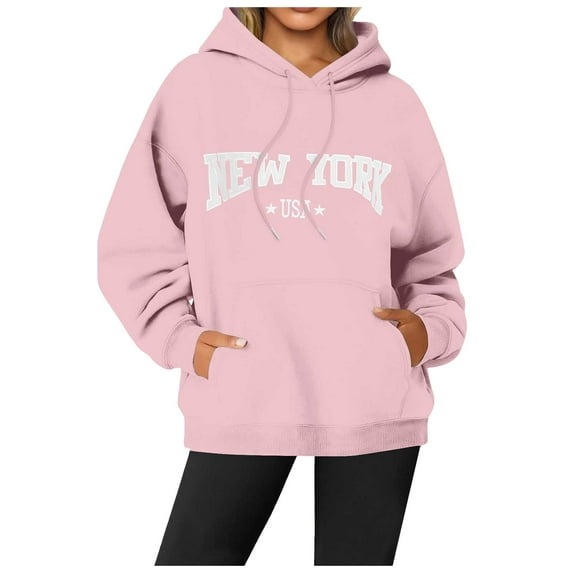 Yuannlog Women Hoodies Autumn Letters New York Print Hoodies Long Sleeve Hoodie With Pockets Loose Tunic Comfy Pullover Tunic Tops