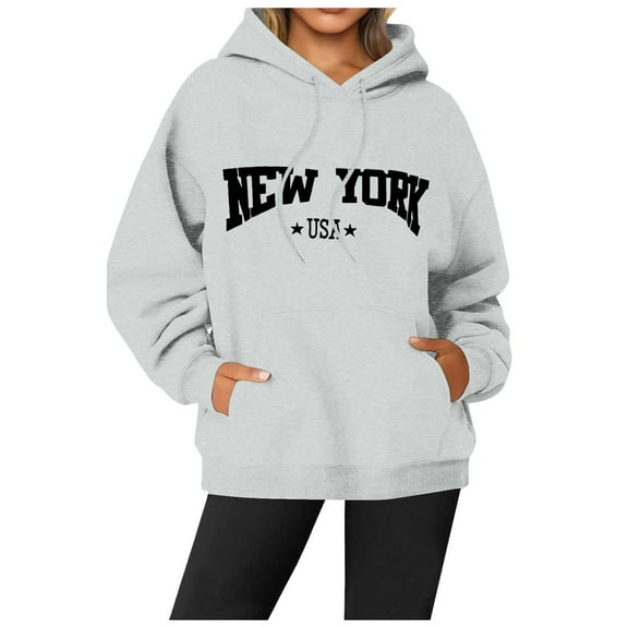 Yuannlog Women Hoodies Autumn Letters New York Print Hoodies Long Sleeve Hoodie With Pockets Loose Tunic Comfy Pullover Tunic Tops