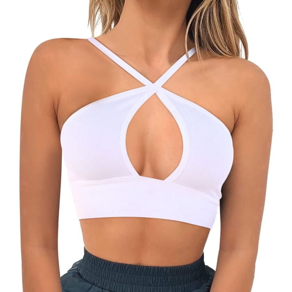 Yuannlog Women Tanks Cute Sports Crop Tops Halter Criss Cross Sleeveless Ribbed Cut Out Backless Yoga Camis Tank Tops