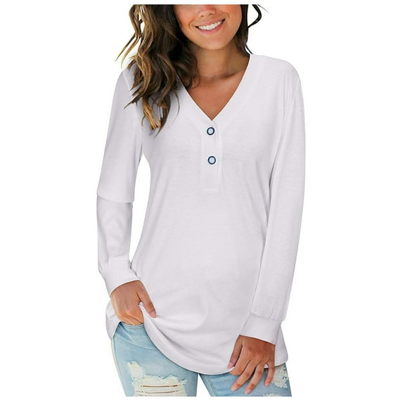 Yuannlog Women Tshirts Spring Solid Color V-Neck Buttons Down Causal Long Sleeve Loose T Shirts Daily Wear Tees Tops