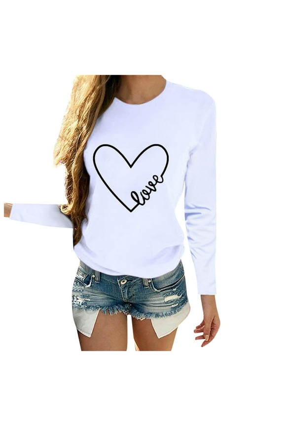 Women Tshirts Tops Summer Casual O Neck Letters Love Heart Print Long Sleeve Tee Shirts Spring Basic T-Shirts
