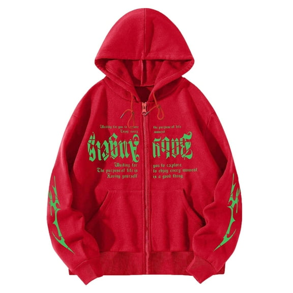 Yuannlog Womens Hoodies Autumn Letters Print Loose Oversized Gothic Grunge Hip Hop Long Sleeve Sweatshirts Black Harajuku Zip Up Jackets