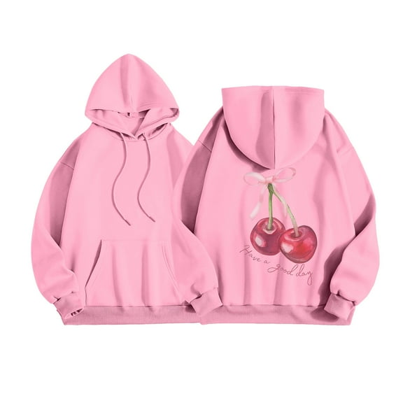 Yuannlog Womens Hoodies Cherry Print Long Sleeve Hoodies With Pockets Oversized Casual Drawstring Pullover Comfy Autumn Loose Fit Ladies Tunic Tops