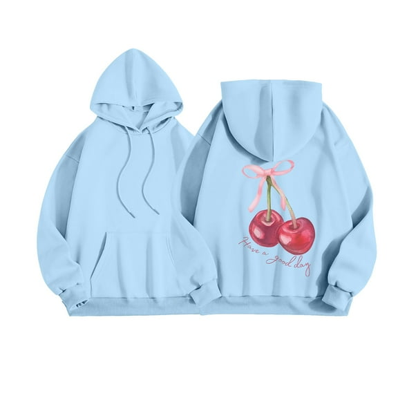 Yuannlog Womens Hoodies Cherry Print Long Sleeve Hoodies With Pockets Oversized Casual Drawstring Pullover Comfy Autumn Loose Fit Ladies Tunic Tops