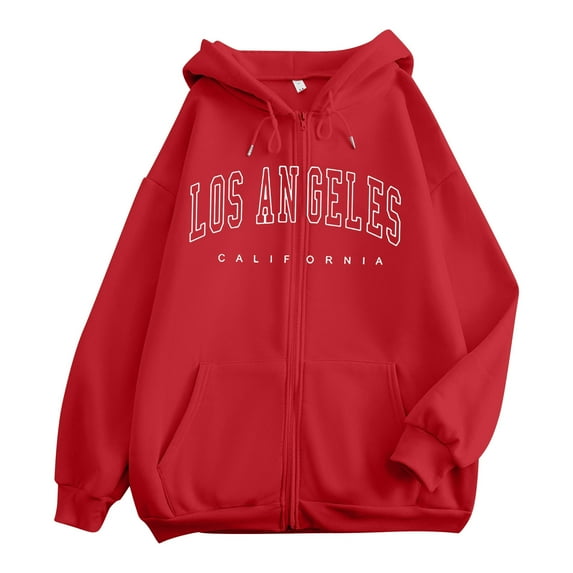 Yuannlog Womens Hoodies Soft Autumn Los Angeles Letters Print Lightweight Long Sleeve Baggy Sweatshirts Oversized Zipper Front Coats Tops, M