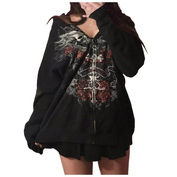 Yuannlog Womens Hoodies Y2K Zip Up Grunge Graphic Hoodies Oversized Print Casual Long Sleeve Sweatshirt Jacket 90S Streetwear Goth Aesthetic Top