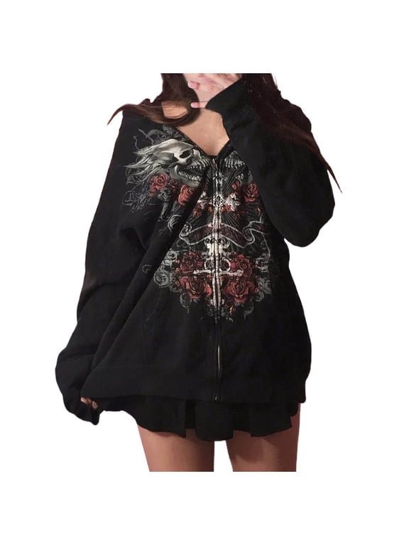 Womens Hoodies Y2K Zip Up Grunge Graphic Hoodies Oversized Print Casual Long Sleeve Sweatshirt Jacket 90S Streetwear Goth Aesthetic Top