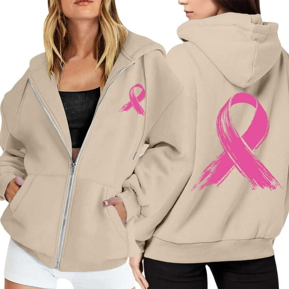 Yuannlog Womens Hoodies Zip Up Coats Fleece Pullovers Breast Cancer Awareness Month Long Sleeve Pockets Drawstring Casual Sweatshirts Jackets