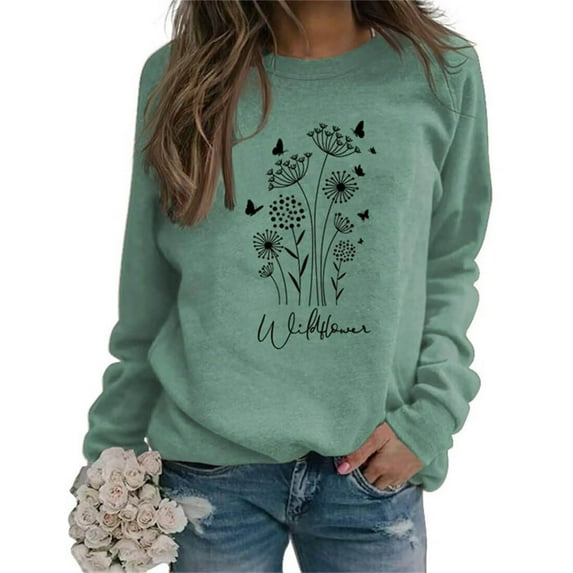 Yuannlog Womens Sweatshirts Autumn Flowers Print Pullovers Retro Sweatshirts Long Sleeve Crewneck Loose Comfy Trendy Tops With Pockets