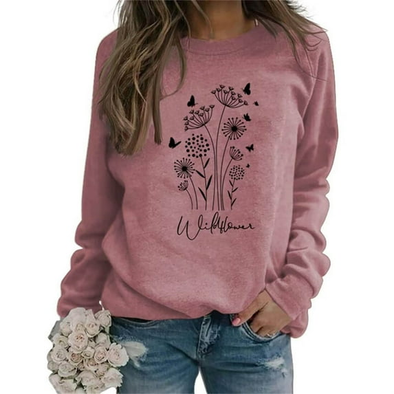 Yuannlog Womens Sweatshirts Autumn Flowers Print Pullovers Retro Sweatshirts Long Sleeve Crewneck Loose Comfy Trendy Tops With Pockets