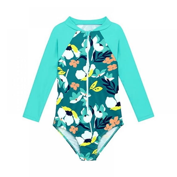 Yuanyu Kids Girl One Piece Bikini Swimsuits Bathing Suit Long Sleeve Rash Guard Zipper Front Swimwear Beach Sets