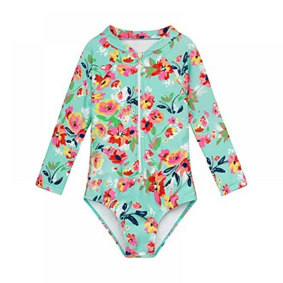 Yuanyu Kids Girl One Piece Bikini Swimsuits Bathing Suit Long Sleeve Rash Guard Zipper Front Swimwear Beach Sets