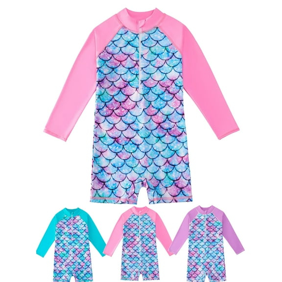 Yuanyu Kids Girl One Piece Swimsuits Rash Guard Swimwear Long Sleeve Zipper Front Bathing Suit