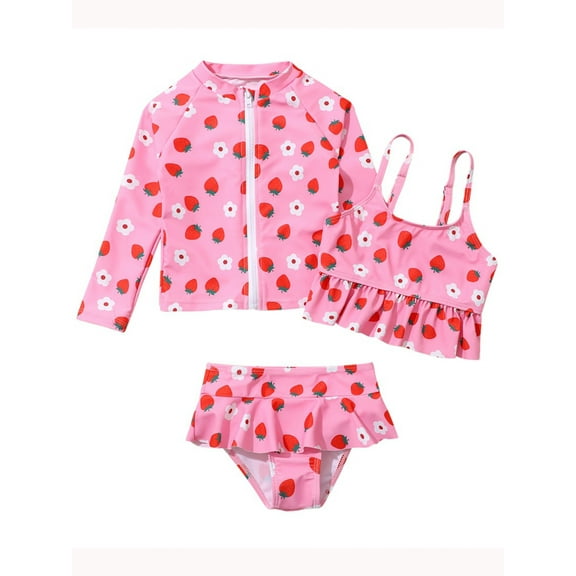 Popvcly Yuanyu Kids Girls 3PC Swimwear Long Sleeve Zipper Front Bathing Suit Beach Sea Swimsuits