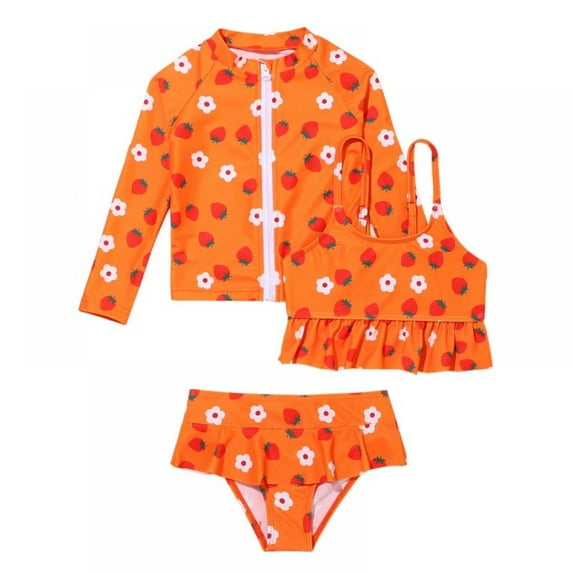 Yuanyu Kids Girls 3PC Swimwear Long Sleeve Zipper Front Bathing Suit Beach Sea Swimsuits Outfits