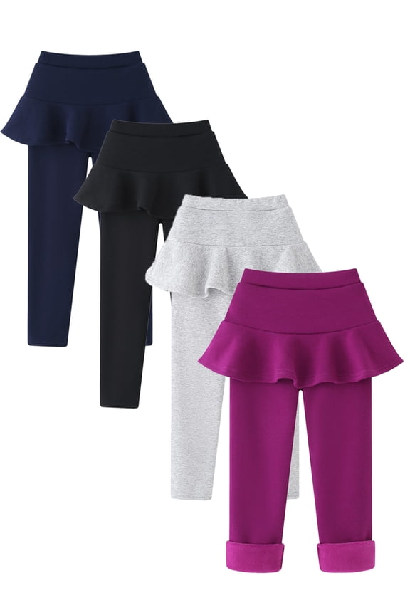 Kids Girls Culottes Leggings Pants Solid Fleece Lined Warm Thick Pantskirt Pants Tights Fall Winter 3-11Years