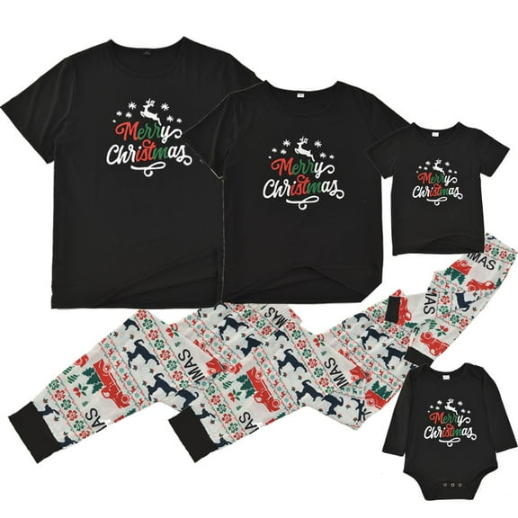 Yuanyu Matching Family Pajamas Sets Christmas PJ's with Short Sleeve Black Tee and Print Pants